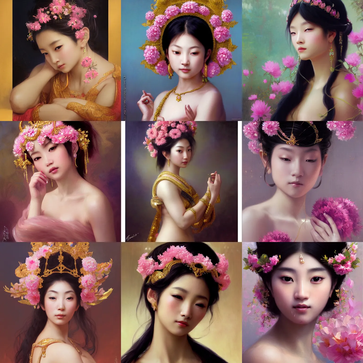 Prompt: expressive oil painting, of beautiful asian princess, smooth glowing skin, ornate headpiece made from pink flowers, glamour shot, by yoshitaka amano, by bouguereau, by greg rutkowski, by jeremyg lipkinng, by artgerm, digital art, octane render