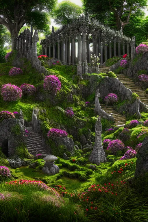 Image similar to photography of a hyper realistic lost celtic elven temple in a magical fantasy garden, lake, colorful flowers, epic scale, insanely complex, hyperdetailed, sharp focus, hyper realism, artstation, cgsociety, 8 k, bright colors, by takato yamamoto caspar friedrich, albert bierstadt, james gurney, unreal engine 5