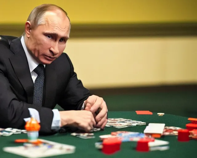 Image similar to Press release photo of Vladimir Putin playing Magic the Gathering on a large tournament, he's thinking what card he should play, high quality, 8k,