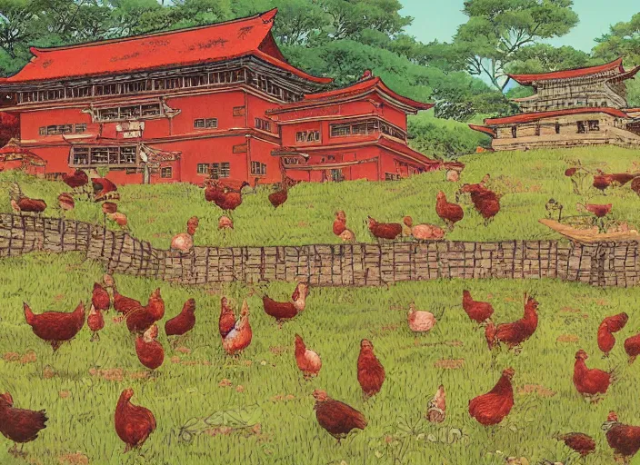 Prompt: red and brown japanese fort in a meadow with chickens by studio ghibli painting