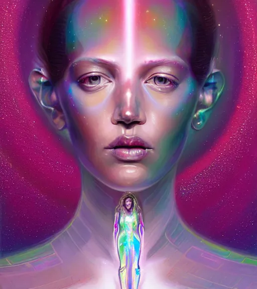 Image similar to portait of mark zuckerberg Mexican pearlescent interstellar Goddess wearing a futuristic slim dress exposed in cryo chambers by James Jean, pink and white theme, intricate, elegant, highly detailed, centered, digital painting, artstation, concept art, smooth, sharp focus, illustration, by Peter Mohrbacher,