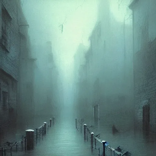 Image similar to flooded overgrown victorian london alley, highly detailed, eldritch, ominous, dawn, chilly dark mood, by beksinski and stalenhag