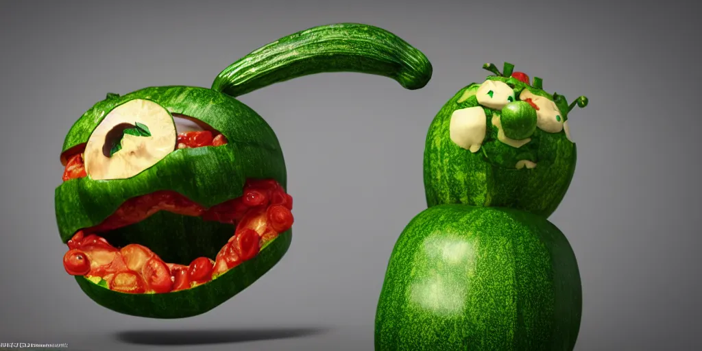 Image similar to detailed 3 d render of a masked zucchini character with arms and legs throwing knives after a frightened tomato burglar, hyper realistic octane render, cinematic lighting, deviantart, frame from independent movie