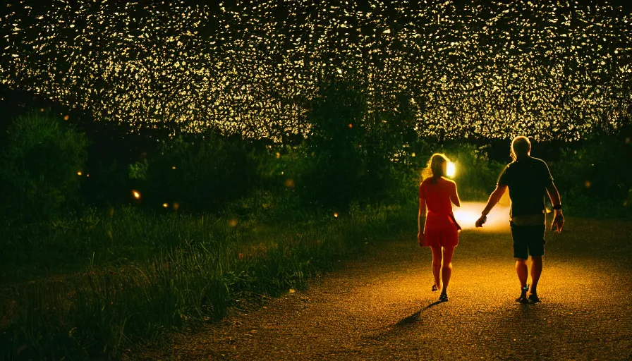 Image similar to a couple walking in the middle of fireflies the color of the moon, cinematic lighting, wow, establishing shot