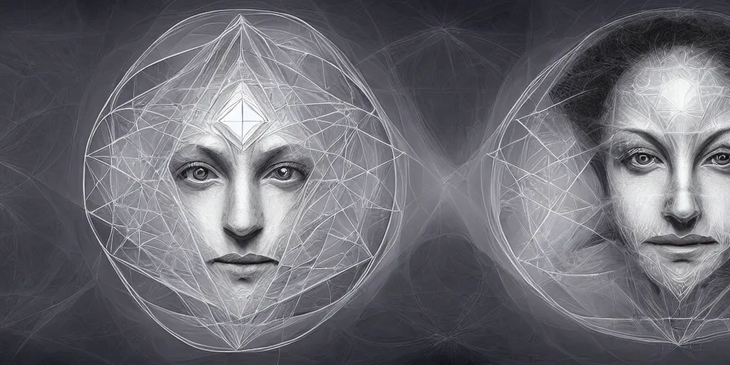 Prompt: 3 d render of a sacred geometry portrait, art by cameron gray, 8 k quality, digital art