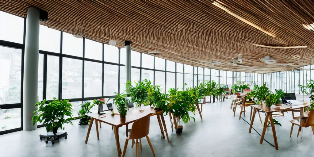 Image similar to an indonesia themed work space interior, walnut wood, minimalism, large windows, multiple desks, meeting desks, technology, cupboards, green plants, large windows with a view of a park, industrial, concrete, bamboo, 8 k