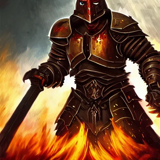 Image similar to Ares with heavy armor and sword, heavy knight helmet, dark sword in Ares's hand, war theme, bloodbath battlefield backgroubd, fiery battle coloring, hearthstone art style, epic fantasy style art, fantasy epic digital art, epic fantasy card game art