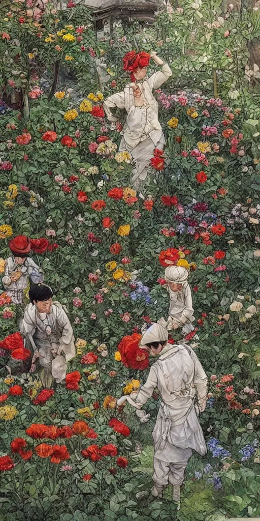 Image similar to oil painting scene from gardeners in the flower garden by kim jung gi