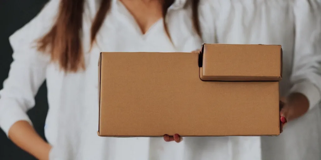 Image similar to a woman is holding a box of food., colors whitesmoke, white, linen, antiquewhite