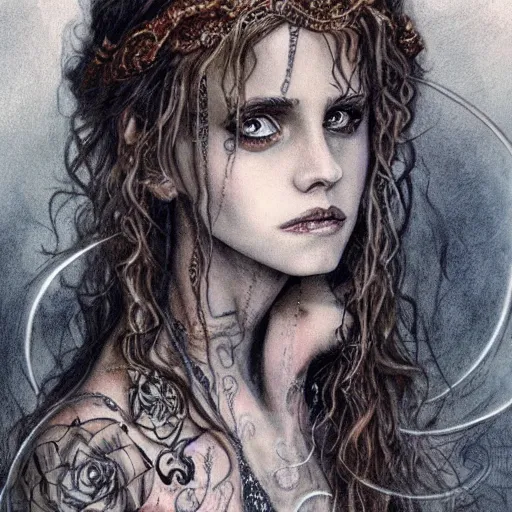 Image similar to dressed Hermione in tattoos conjuring with a magic wand, by luis royo, beautiful gown, beautiful eyes, Beautiful face, high detail, high resolution