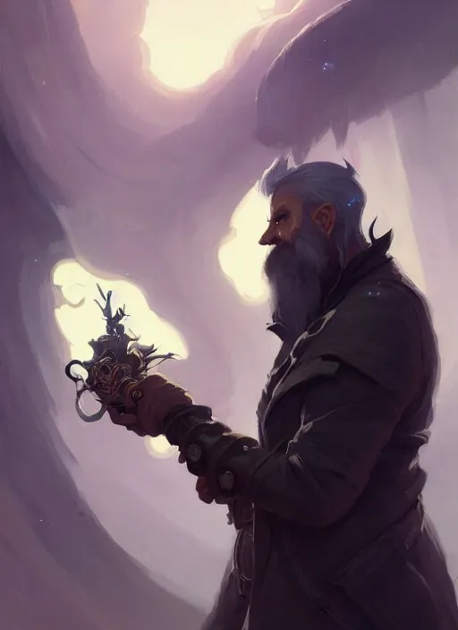 Image similar to low angle picture of a weapon master, holding a ego weapons to the camera, long black jacket, neat white beard and hair, bored, tired, smoking, ego weapons all over the place, squat down, intricate, masterpiece, epic fantasy illustrations by peter mohrbacher and anato finnstark and jeremy lipking