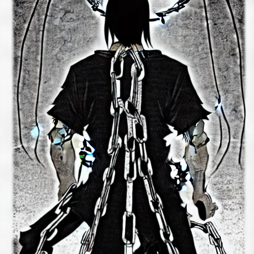 Image similar to A FULL BODY PORTRAIT FROM BEHIND OF TAKEZO FROM MANGA VAGABOND ,THE MAN KEEPS A KUSARIGAMA AND IT IS WRAPPED IN CHAINS ,detailed, concept art, ink style , sketch