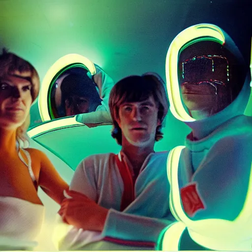 Image similar to first-person perspective closeup view of three people wearing shiny skiwear having a party inside of a 1970s luxury bungalow with a rectangular infinity mirror on the wall, at dusk, ektachrome photograph, f8 aperture