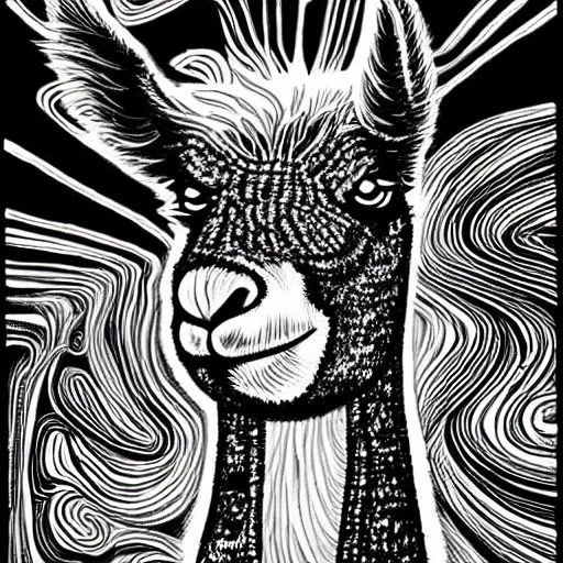 Image similar to black and white trippy comic art of a llama, lots of particles, drawn by Martin Rowson, Tim Burton, Studio Ghibli, Alex Pardee, Nekro Petros Afshar, James McDermott, cgsociety, sharp edges, high constrast, 4K