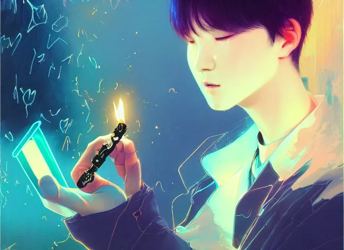 Prompt: harmony of butterfly, mute, neon light language, ( black haired yoongi holding a lighter & blonde jimin crying holding yoongi's shoulder ) by wlop, james jean, victo ngai, beautifully lit, muted colors, highly detailed, fantasy art by craig mullins, thomas kinkade