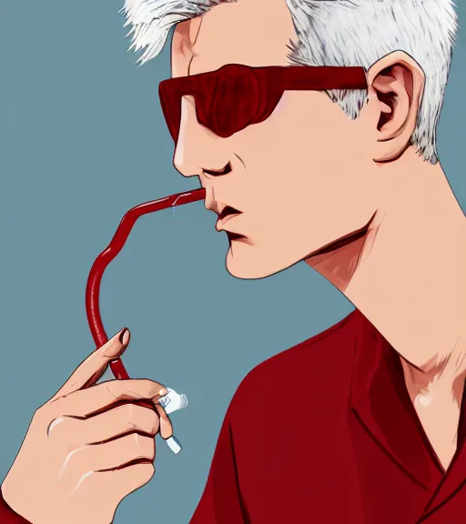 Prompt: young man in red jacket and white shirt, white hair, round goggles, smoking cigarette, character portrait, sharp focus, illustration, high detailed