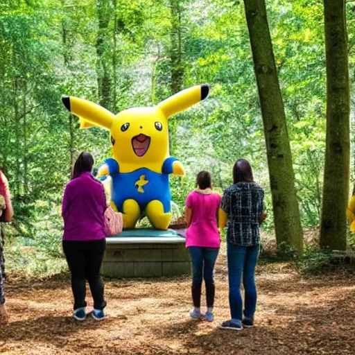 Prompt: photograph of a group of people worshipping a giant pikachu in a forest