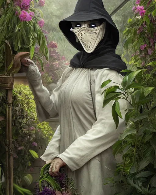 Prompt: portrait of a female plague doctor in a botanical greenhouse, heavy rain outside, wind, thunder, reflections, deep focus, d & d, fantasy, intricate, elegant, highly detailed, digital painting, artstation, concept art, matte, sharp focus, illustration, hearthstone, art by artgerm and greg rutkowski and alphonse mucha