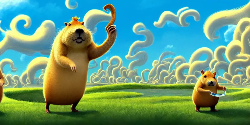 Image similar to cartoon concept art, capybara character, spiral clouds, from lorax movie