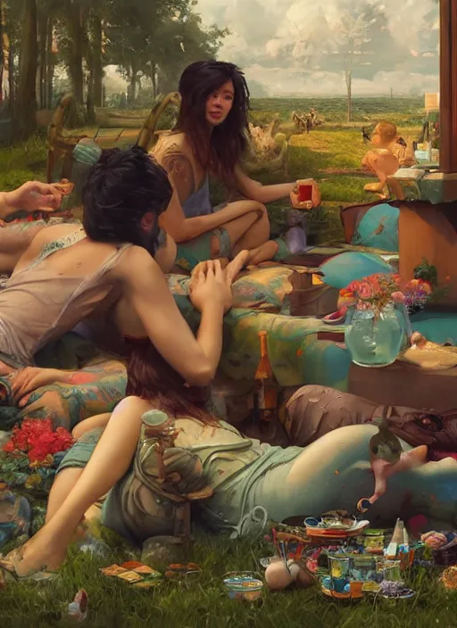 Prompt: beautiful fantasy painting scene of a chill day during summer party, by Kenne Gregoire, James Jean, Tran Nguyen, WLOP, Jakub Rebelka. trending on Artstation, 8k, masterpiece, face enhance, graffiti paint, fine detail, full of color, intricate detail, golden ratio illustration
