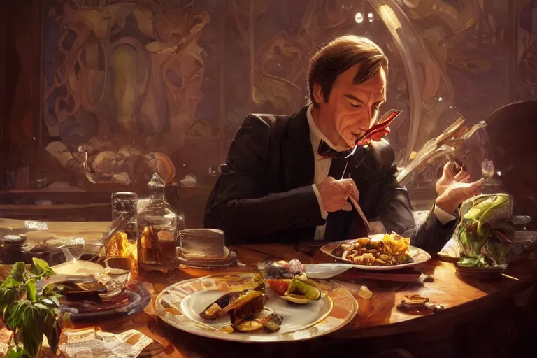 Image similar to photography of saul goodman eating, deep focus, intricate, elegant, highly detailed, digital painting, artstation, concept art, matte, sharp focus, illustration, art by artgerm and greg rutkowski and alphonse mucha