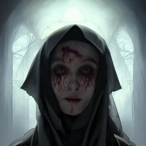 Image similar to A portrait of A zombie nun glowing black by greg rutkowski and alphonse mucha,In style of digital art illustration.Dark Fantasy.darksouls.hyper detailed,smooth, sharp focus,trending on artstation,4k