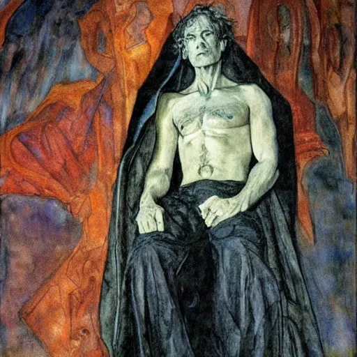Prompt: comics sandmanin a cloak by Neil Gaiman, in style The Demon Seated, by Mikhail Vrubel, oil painting, art gallery, art museum, small details, whole-length, hyperrealism, black cloak, very detailed face, very detailed torso, huge picture--steps 50
