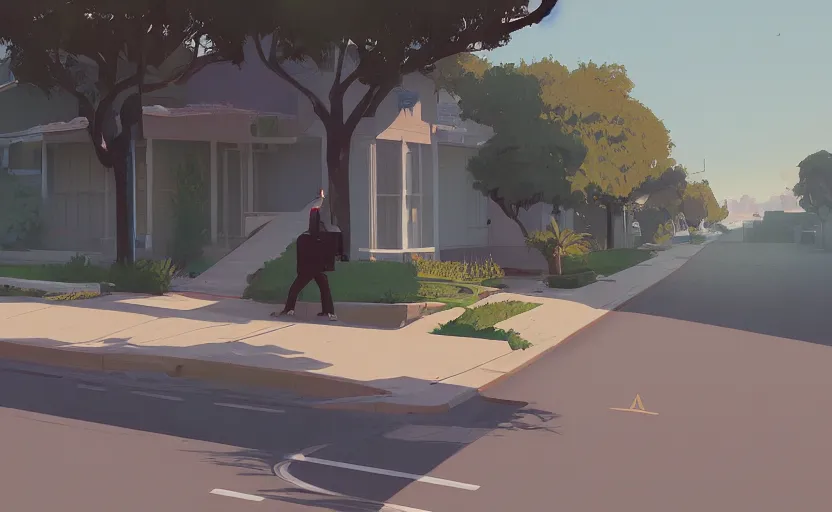 Image similar to a front view los angeles neighborhood illustration by atey ghailan, trending on artstation