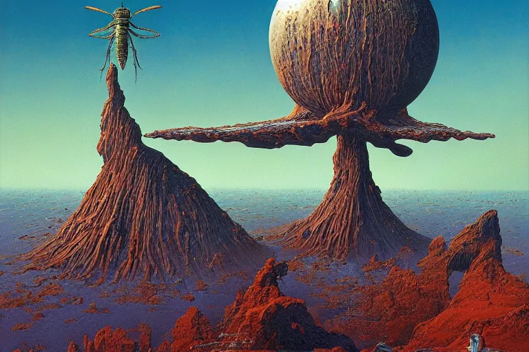 Image similar to oil painting, super - detailed scene of a planet that is also a giant insect, entomology, japanese sci - fi books art, artwork by jean giraud and zdzislaw beksinski and michael whelan and hr giger, hd, 4 k, high quality