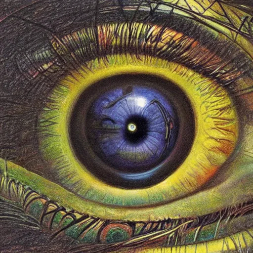 Image similar to robust, elaborate by bob eggleton, by louis majorelle. a drawing of a large eye that is looking directly at the viewer. the eye is composed of a myriad of colors & patterns, & it is surrounded by smaller eyes.