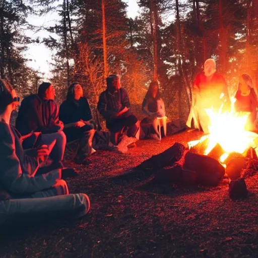 Image similar to angles in heaven looking at 6 people around a campfire, realistic