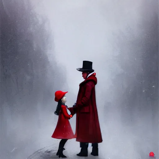 Prompt: a highly detailed epic cinematic concept art, a thin man in a black coat and bowler hat talks with small young girl who is dressed in a red coat and a red hat, park, autumn, wide angle, high detail, in style of Greg Rutkowski, width 768