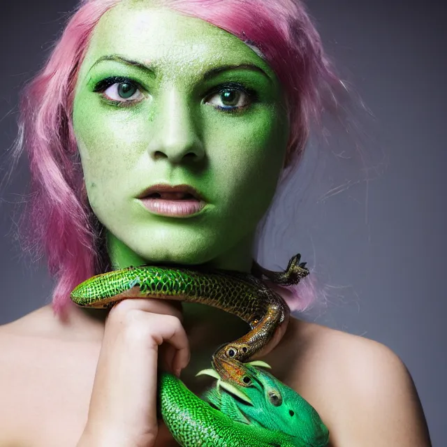 Prompt: close kodachrome photograph face of beautiful girl with green hair and lizard skin, scales, scaly skin, snakeskin studio lighting