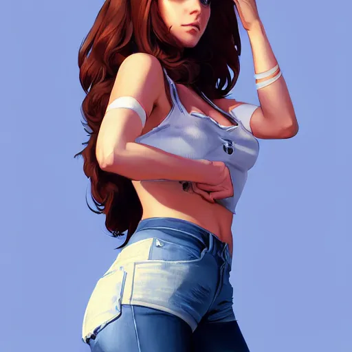 Image similar to portrait of a beautiful daisy duke from dukes of hazard, art by saruei and guweiz and ilya kuvshinov, digital art, highly detailed, intricate, sharp focus, trending on artstation hq, deviantart, pinterest, unreal engine 5, 4 k uhd image