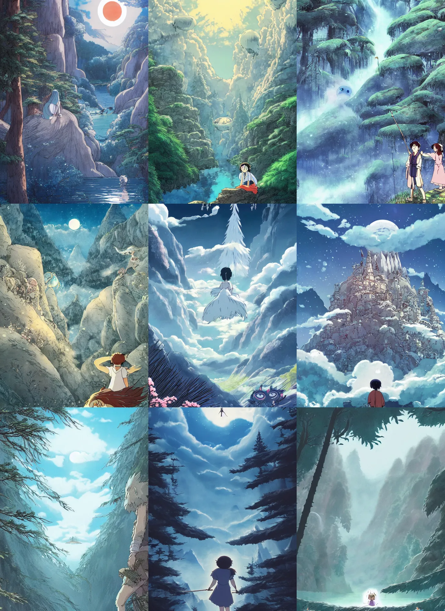 Prompt: the flim poster of a magical place around mountains and river, white spirit flying around the sky, miyazaki's animated film, ghibli studio, princess mononoke, 4 k, highly detailed, horizon view,
