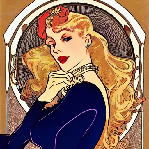 Prompt: blonde with champagne. art by mucha and disney