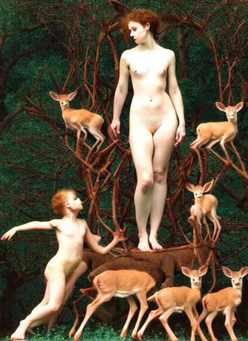 Image similar to pagan nymps dancing with fawns in a deep thorns bones bloody 3d vaporwave cyber forest in 5th dimensional space, by william-adolphe bouguereau and Austin Osman Spare and Takato Yamamoto, high resolution, rendered in octane 3d