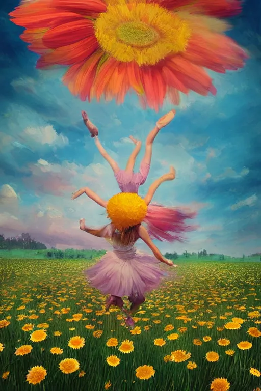 Image similar to giant daisies flower as head, girl jumping in a flower field, surreal photography, sunrise, dramatic light, impressionist painting, colorful clouds, digital painting, artstation, simon stalenhag