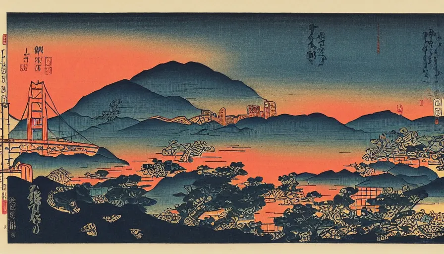 Image similar to sunset over the san francisco bay area by utagawa kunisada