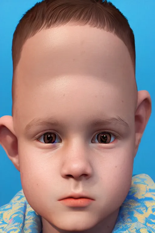 Image similar to hyperrealistic little boy close - up portrait, the portrait is decorated with art deco patterns, hyperrealistic, volumetric lighting, ultra detailed, elegant, octane render, blue and gold, 8 k, trending on artstation, unreal engine