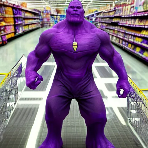 Image similar to thanos lookingg for his mom in a walmart, realistic, sharp focus