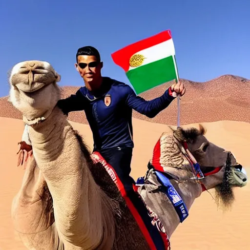 Prompt: cristiano Ronaldo holding the Moroccan flag while riding a camel in the desert