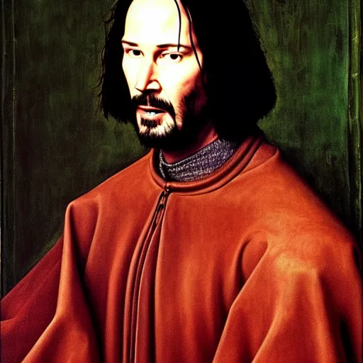 Image similar to portrait of keanu reeves, oil painting by jan van eyck, northern renaissance art, oil on canvas, wet - on - wet technique, realistic, expressive emotions, intricate textures, illusionistic detail