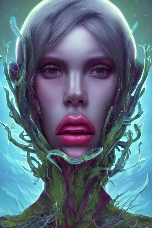 Image similar to digital portrait of an eloquent alien plant queen, straight on, full body character concept art, concept art, by artgerm, tom bagshaw, gerald brom, vaporwave colors, lo fi colors, vaporwave, lo fi, 4 k, hd, rendered with substance designer, small details,