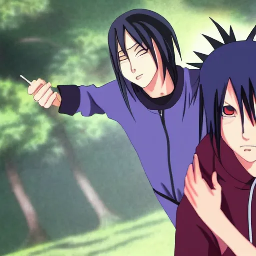 Image similar to itachi and sasuke from the anime naruto being happy, sharp, high detailed, 8 k