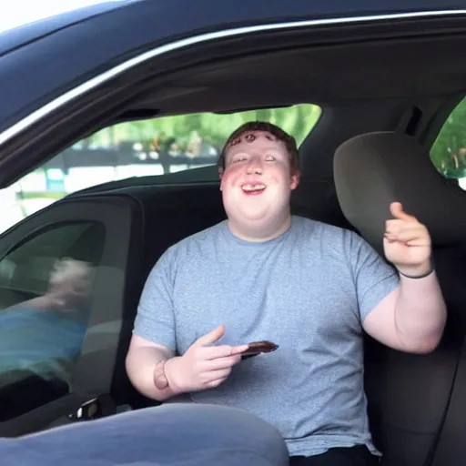 Prompt: fat mark zuckerberg sitting in a car eating tacos