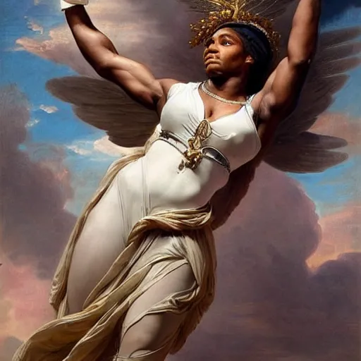 Image similar to Full body Portrait of Serena Williams as Nike Goddess, large wings, luxuriant, dreamy, eternity, romantic, strong pose, highly detailed, in the style of Franz Xaver Winterhalter, highly detailed, in the style of Aetherpunk