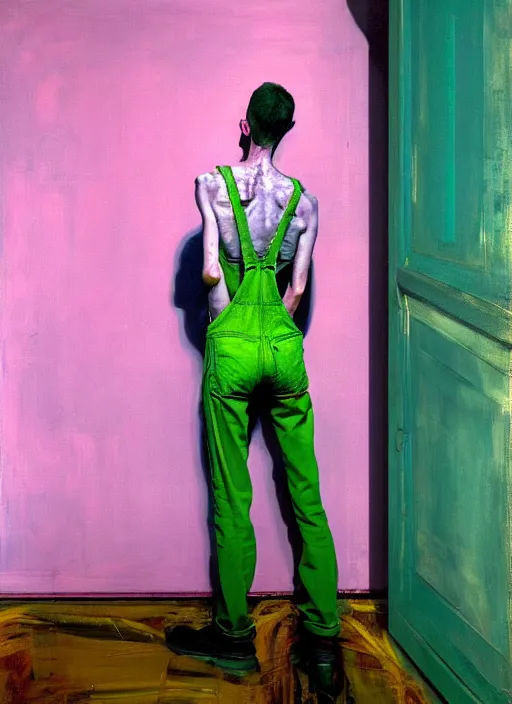 Prompt: an insane, skinny, artist wearing overalls, expressive painting the walls inside a grand messy studio, depth of field, hauntingly surreal, highly detailed painting by francis bacon, edward hopper, adrian ghenie, glenn brown, soft light 4 k in pink, green and blue colour palette, cinematic composition,