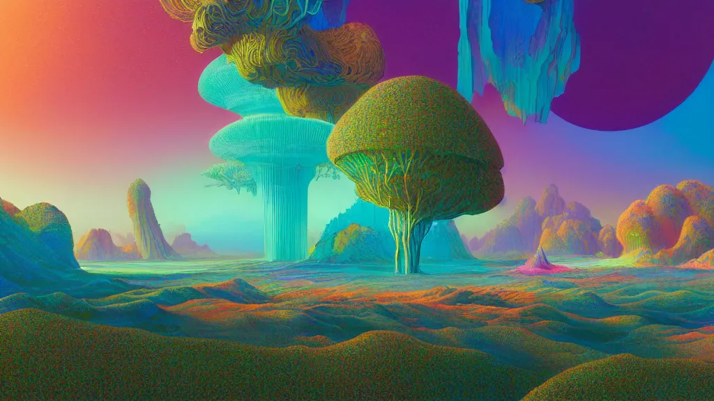 Prompt: highly detailed holographic iridescent sci fi world with forests deserts and oceans, by gilbert williams, by simon stalenhag, by beeple, by bruce pennington, by james jean, by moebius, featured in juxtapoz, mixed media, dynamic composition, octane render, with many different pastel shades of blue pink orange yellow green