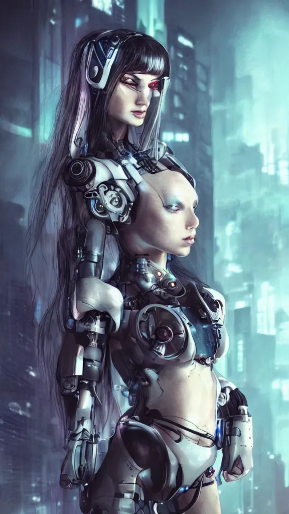 Image similar to beautiful cyborg girl with pony hair,cyberpunk,realistic,cinematic,3d,night lighting